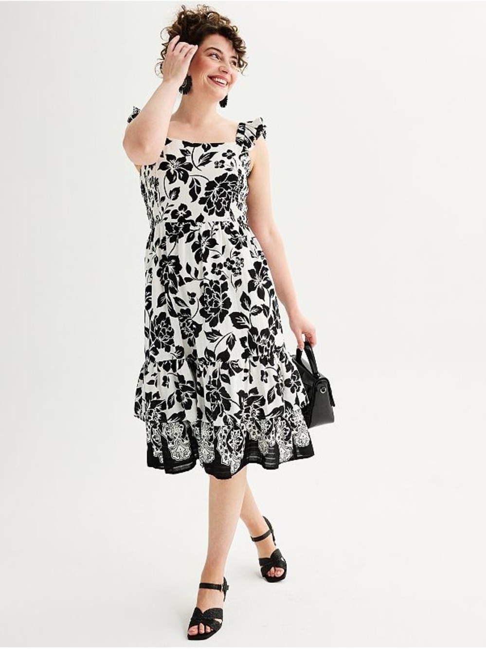 Draper James Black and White Floral Midi Dress
